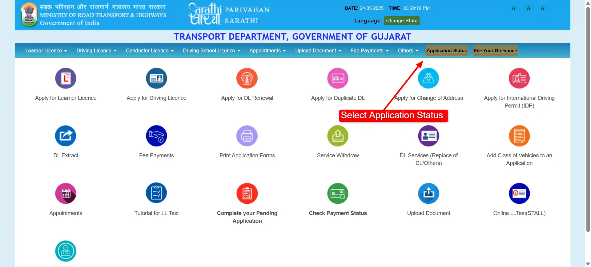 Go to Parivahan DL Status page